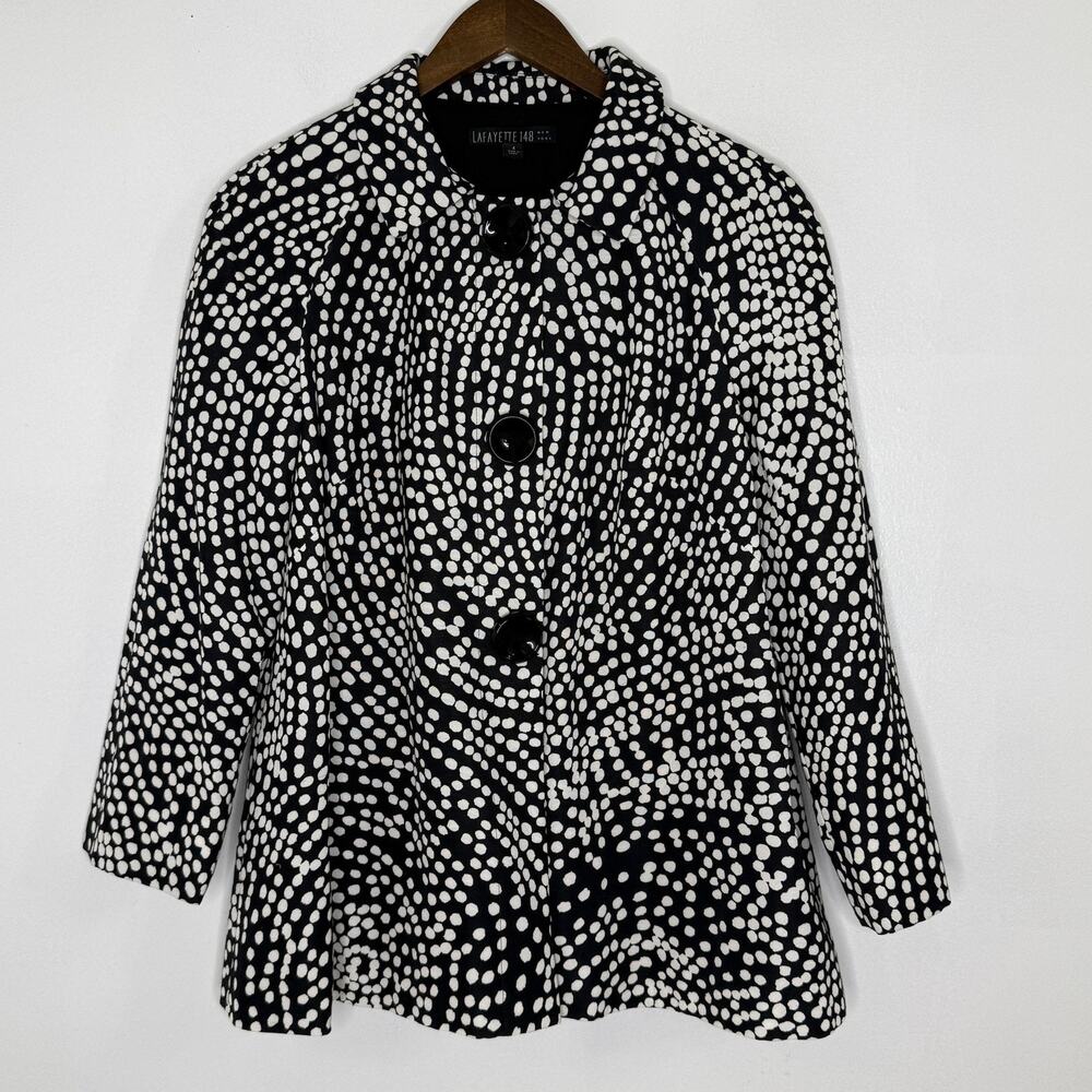 Lafayette 148 Coat Womens 4 Black White Cotton Blend Polka Dot Single Breasted
